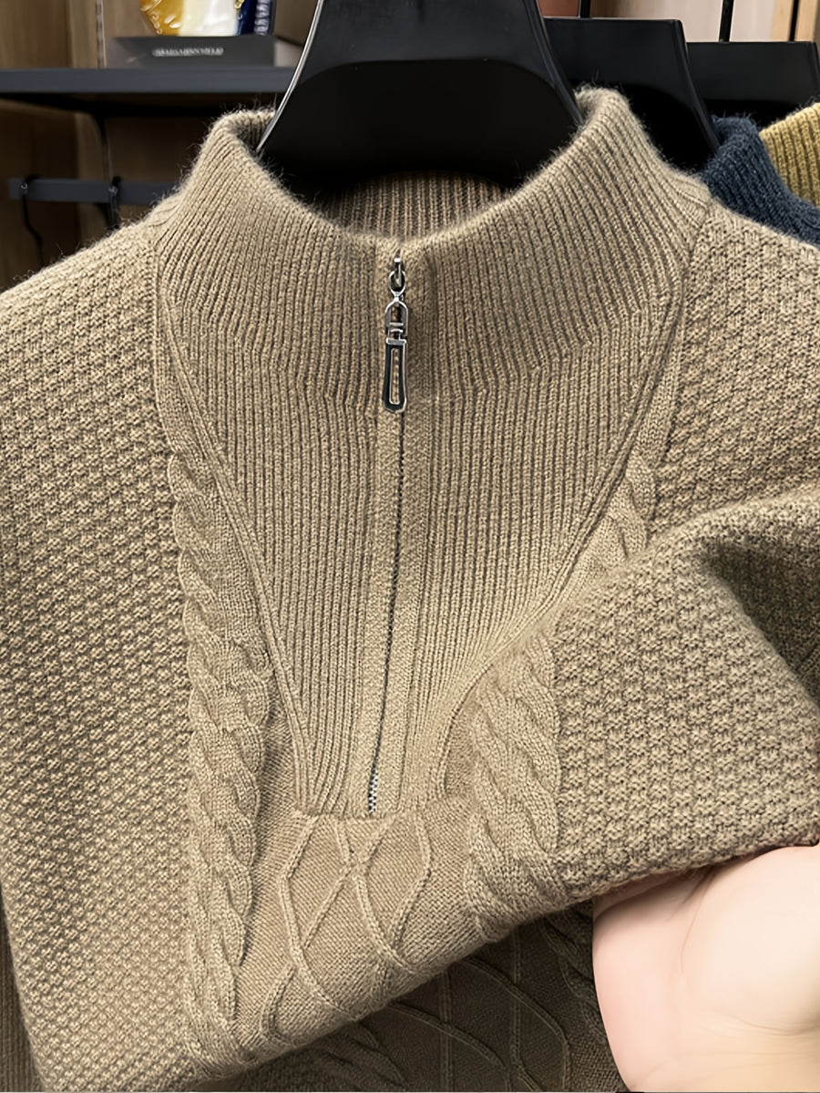 Men'S Thickened Semi-Open Zipper Stand Collar Knit Sweater, Ribbed Cuffs And Hem, Autumn/Winter Style, Single Wear And Layering, Light Mature Business Casual Style - Camel