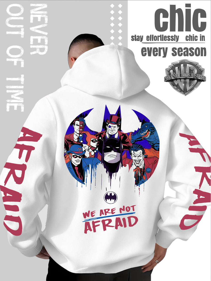 Men'S Batman Hooded Sweatshirt, Cool Graphic Print with Hero And Villain Characters, English Slogans And Sleeve Graffiti, Classic Meets American Dark Streetwear, Fall/Winter Comfortable Long Sleeve, Trendy Street Style for Men - White