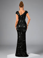Women's Elegant Sequin Long Evening Gown - High-Waisted Mermaid Backless Formal Dress with Asymmetric One-Shoulder Neckline, Long Sleeve Sparkling Party Wedding Guest Gala Concert Dress, Mermaid Dress - Black