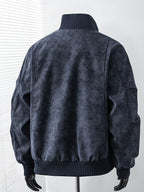 Men's Vintage Jacket, High Collar Ribbed Zipper American Casual Distressed Short Men's Jacket, Suitable for Daily Work Wear. - Navy Color