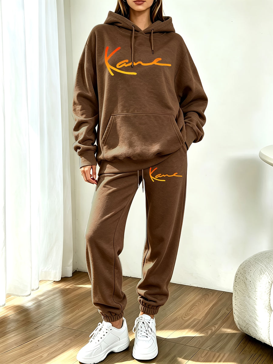Autumn Winter Trendy Fashion Hooded Drawstring Sweatshirt And Jogger Pants Women'S Set, Hooded Drawstring Design, Front Kangaroo Pocket on Sweatshirt, Comfortable Wear for Cold Weather, Classic Silhouette, Comfortable Fit - Brown 2