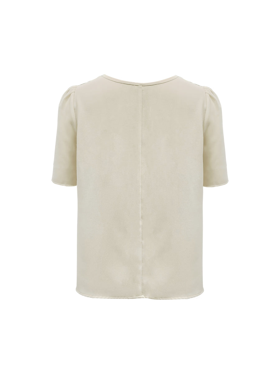 Women'S Summer New Arrival, Elegant Solid Color Puff Sleeve Patchwork Round Neck Blouse, Suitable for Office, Business Commute, Meetings, Casual Outings - Apricot