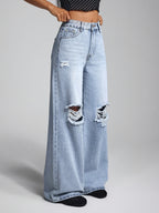American-style Spicy Ripped High-waist Wide-leg Floor-length Denim Pants - Light Blue