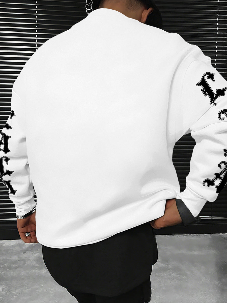 Los Angeles LA All-Over Print Gothic Crewneck Sweatshirt" – A Street-style City-inspired Top! A Must-have for Los Angeles Culture Enthusiasts, Perfect for Trendy Outings and Urban-themed Social Events - White
