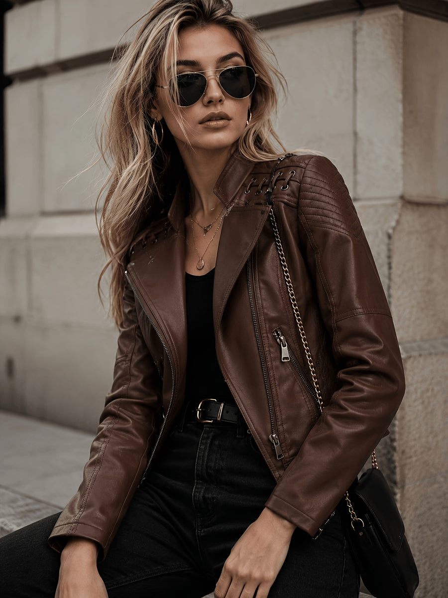 In-Stock/Women'S Casual PU Jacket, Women'S Biker Coat, Spring Autumn Motorcycle Jacket, Vacation Travel Outerwear, Retro Fashion Design - Coffee Color