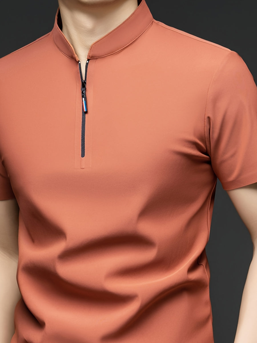 Summer Men'S Short Sleeve T-Shirt, Classic Mandarin Collar with Half Zipper, Smooth And Wrinkle-Resistant, Self-Cooling, Good Drape, Essential Top for Daily, Dating, And Light Business - Bean Red