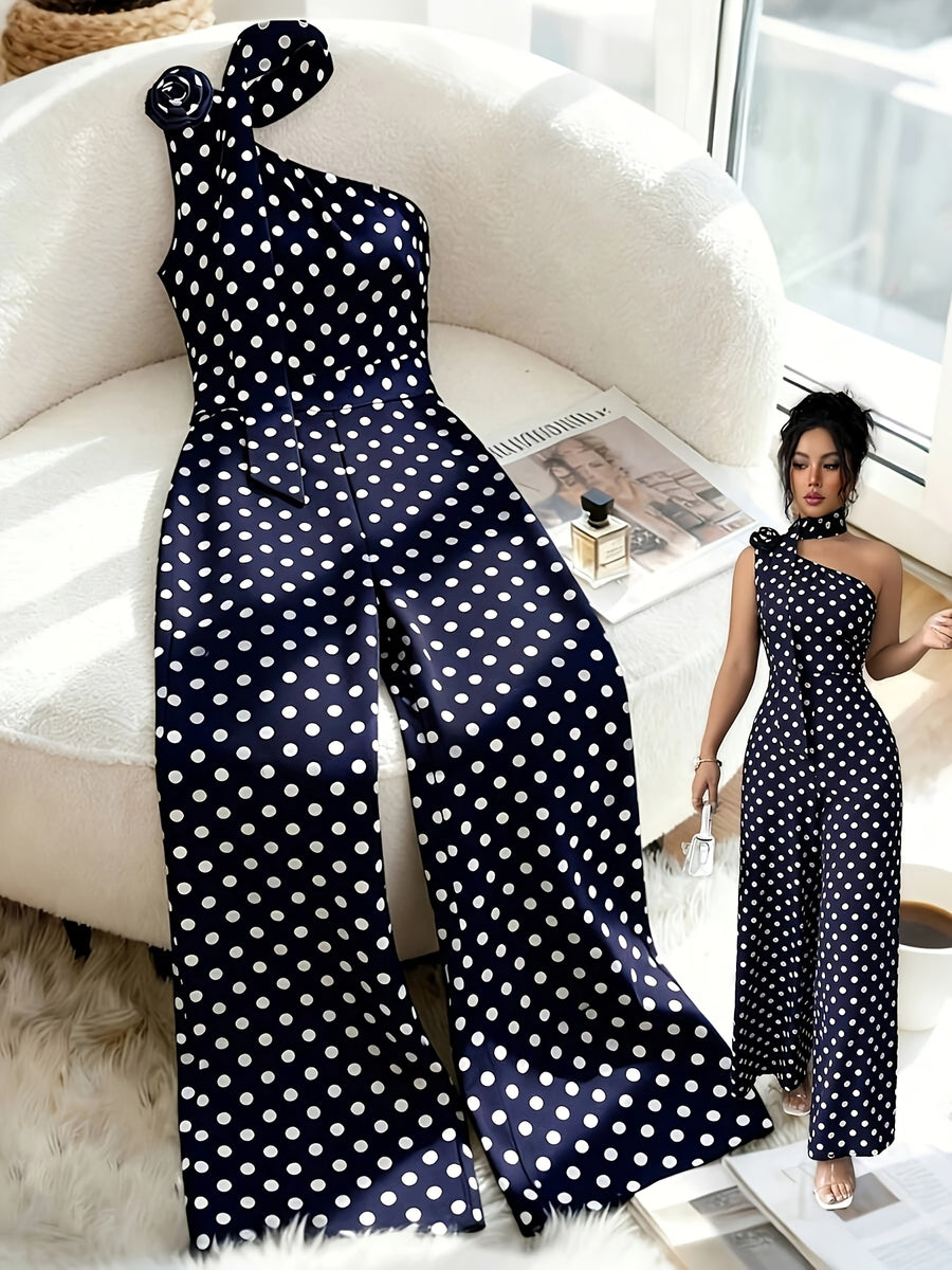 Women's Elegant Casual French-Style Polka Dot Asymmetrical Collar Rose Embellished Sleeveless Slim-Fit Jumpsuit, Spring/Summer Collection ZLLZ - Navy Color