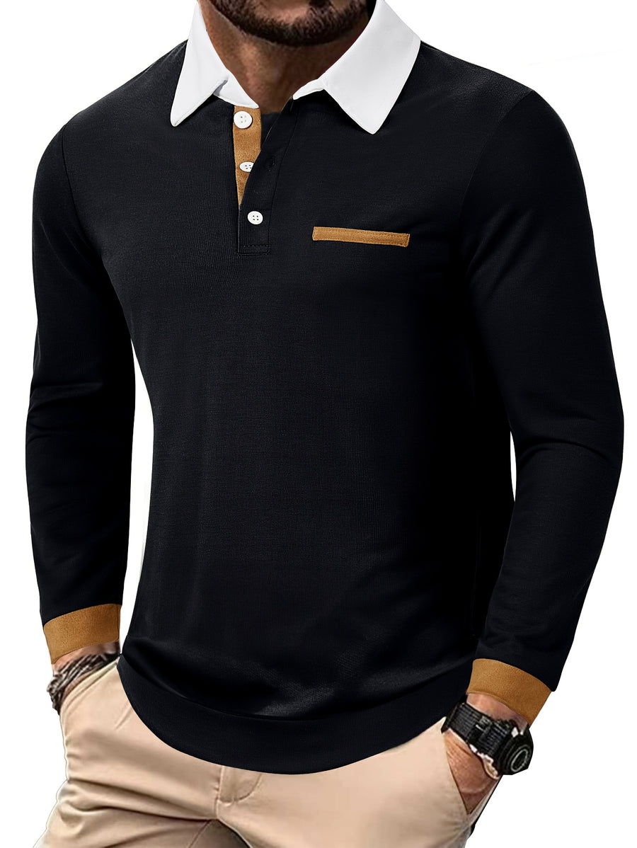2025 Cross-Border European and American Fashion Men's Shirt Collar Long-Sleeve T-Shirt, Pocket Patchwork; Cuff Patchwork Style; Casual Long-Sleeve Lapel Polo Shirt;, Regular Fit, Autumn, Daily - Black