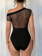 New Women's Versatile Summer Mesh Bodysuit, Elegant and One-shoulder Mesh Patchwork Pleated Bodysuit, Sexy Party and Nightclub Outfit, Elegant Summer Women's Bodysuit. - Black