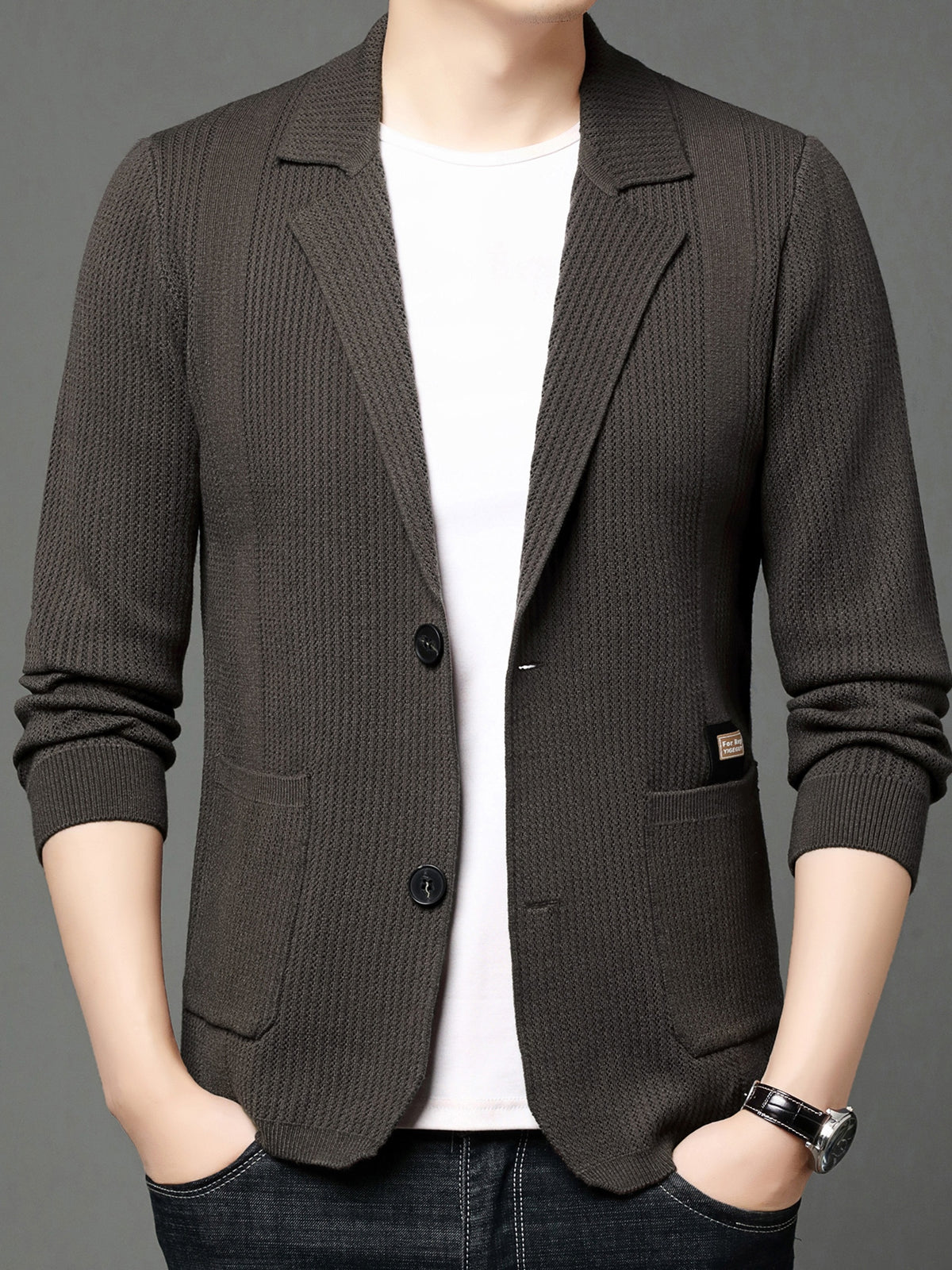 1 Men's Knitted Suit Lapel Jacket, Suitable for Light Business Wear and Daily Work, Ideal as a Gift - Coffee Color
