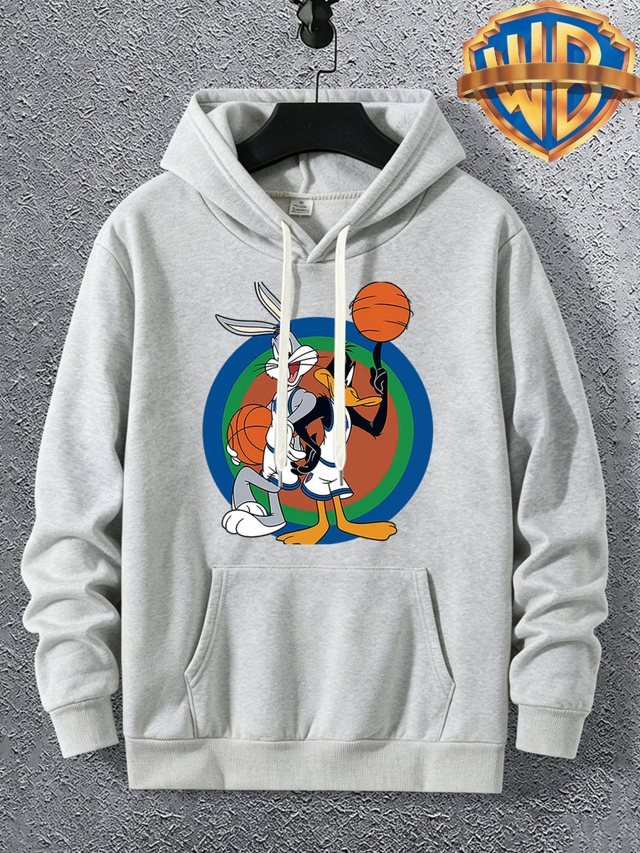 Warner Licensed Men'S Autumn Long Sleeve Hooded Sweatshirt, Durable Ribbed Cuffs, Breathable Polyester Fabric, Round Bottom with Rabbit And Duck Cartoon Print, Suitable for School Youth Casual Wear, Class, Club, Court Activities - 【Light Grey】