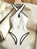 Women's Sexy Hot Style Bodysuit, Criss-Cross Halter Neck Cut-Out Slim Fit Jumpsuit, Suitable for Spring/Summer Dates and Parties - White