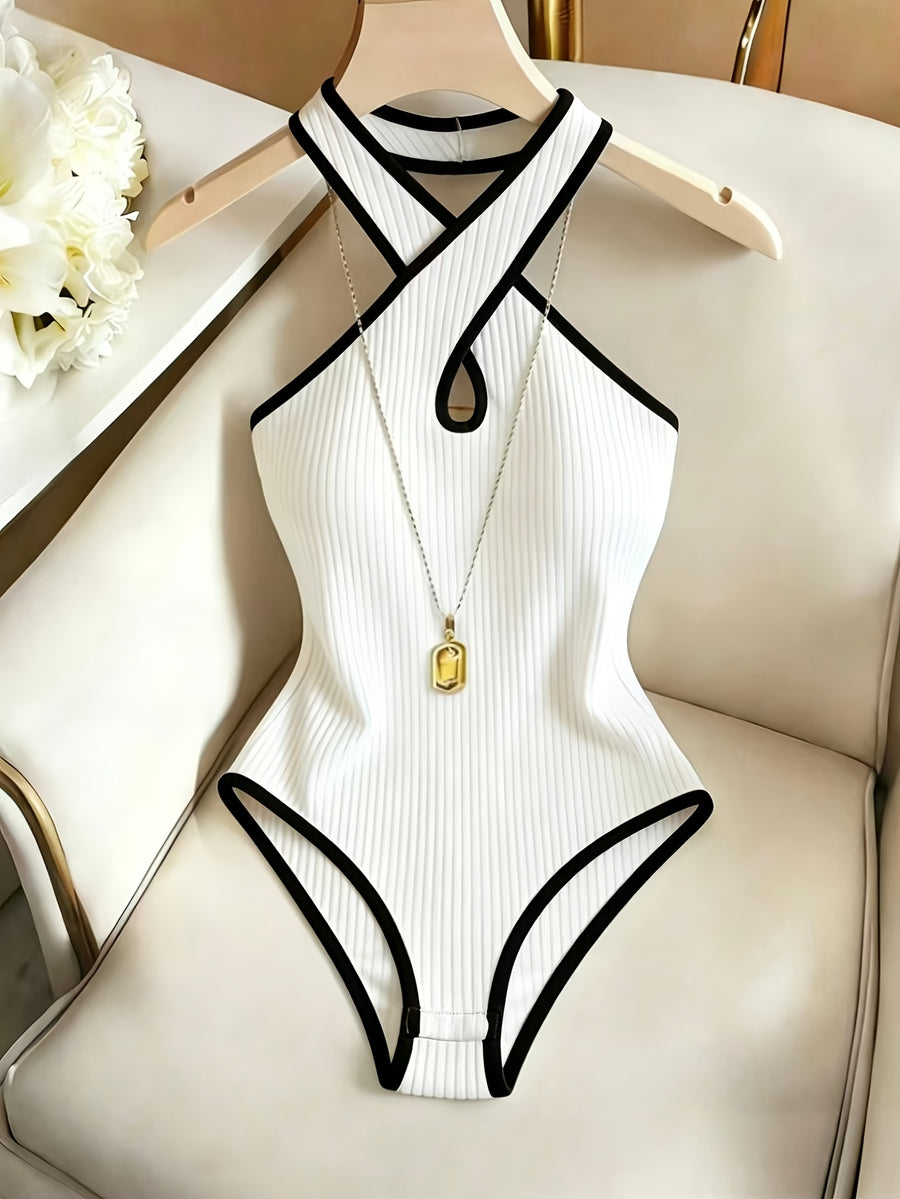 Women's Sexy Hot Style Bodysuit, Criss-Cross Halter Neck Cut-Out Slim Fit Jumpsuit, Suitable for Spring/Summer Dates and Parties - White