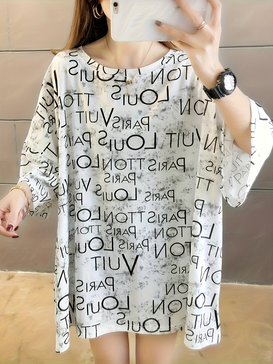 Women's Oversized Casual T-Shirt - Summer Loose Fit Longline Top with Bold Letter Print, Round Neck Short Sleeve, Medium Stretch Fabric, Machine Washable for Spring Summer Fall, Ladies T Shirts, Casual Attire, Trendy Graphic Tee, Stretchy Fabric Tee - White