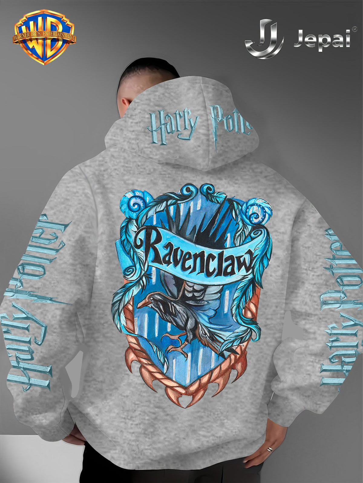 Warner Bros. Official, Trendy Cool American Street Style Harry Potter Badge Print Hooded Sweatshirt, Unisex American Street Style Long-Sleeve Top, Suitable for Daily and Outdoor Activities, an Excellent Warm Outerwear Choice for Autumn and Winter! - Light Grey