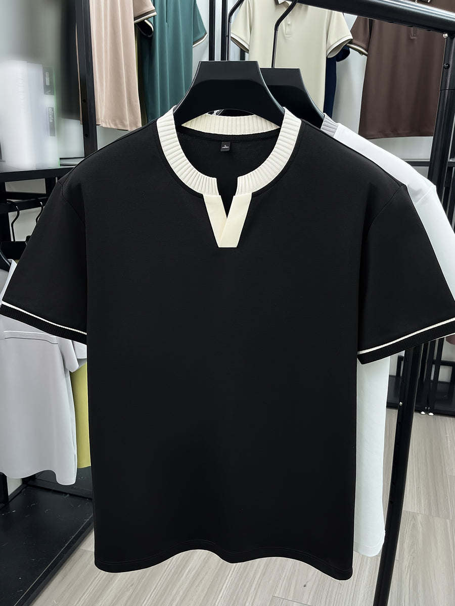 Middle-Aged Men'S Classic Henley Shirt with Contrast Cuffs, Summer Breathable Casual Top, Wrinkle-Resistant And Easy Care, Father'S Day Birthday Gift for Elders, All-Weather Wear for Walking, Grocery Shopping, And Family Gatherings - Black