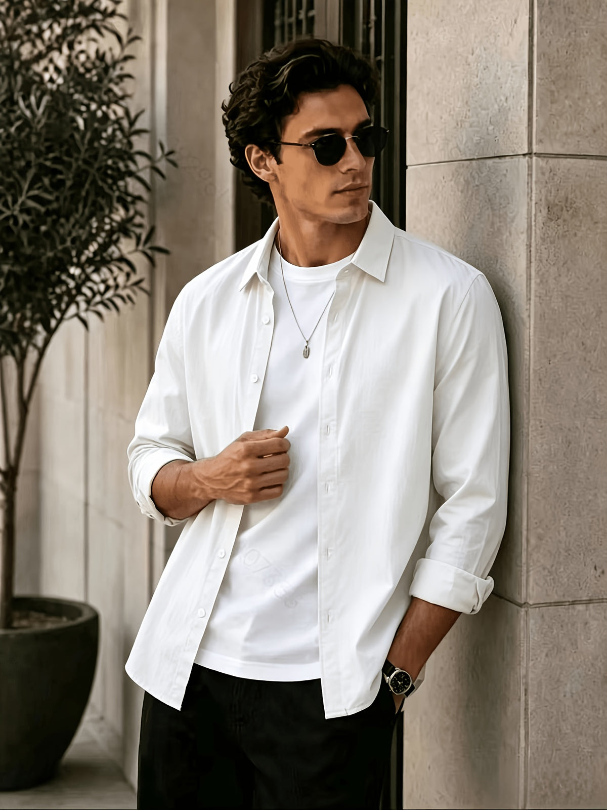Men'S Long Sleeve Casual Shirt for Summer, Lightweight, Breathable And Comfortable. Slim-Fit And Versatile with Relaxed Cut, Ideal for Daily Commuting And Travel Outfits. (Shirt solely) - White