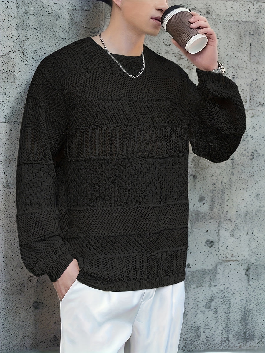 Men's Casual Fashion Hollow-Out Knit Sweater - Black