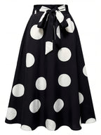 Hot Women's Trendy Fashion Color Block Casual Printed Waist-Tie Bow Elegant Versatile Commuter Style A-Line Skirt - White