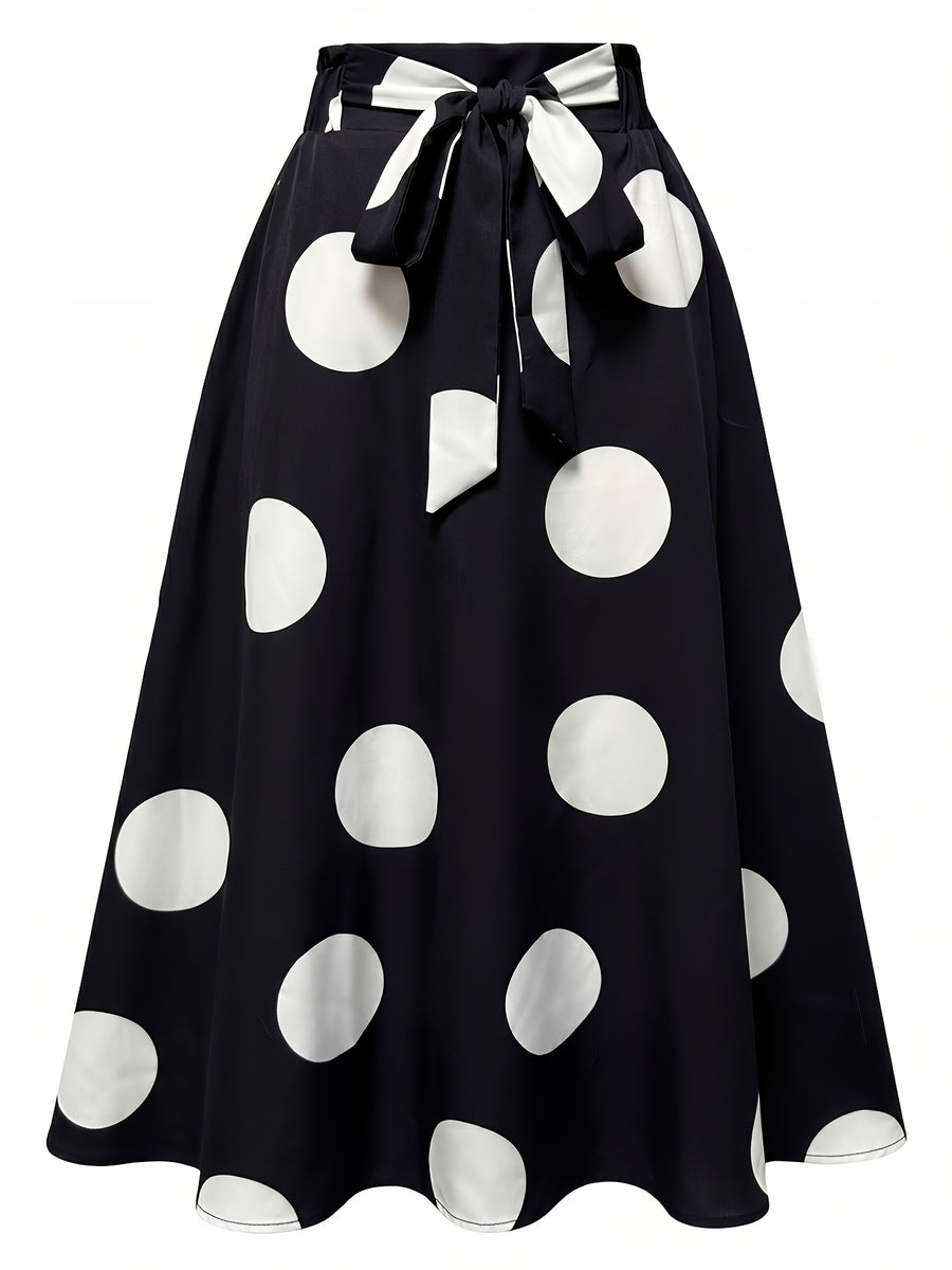 Hot Women's Trendy Fashion Color Block Casual Printed Waist-Tie Bow Elegant Versatile Commuter Style A-Line Skirt - White