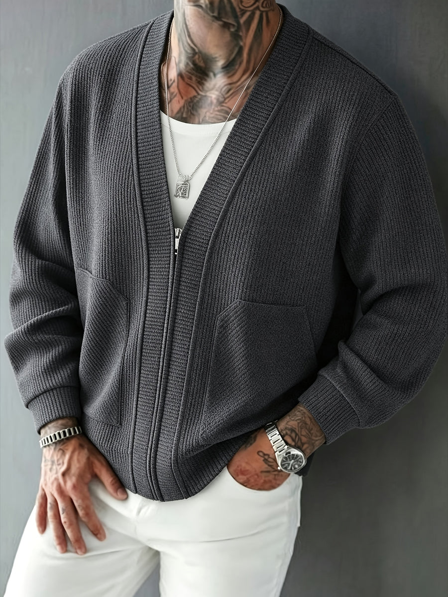 Spring/Autumn New Men's Solid Color V-Neck Zipper Knit Cardigan Jacket, Versatile Top for Commuting, Daily Wear, and Casual Occasions, Simple, Loose-Fitting, Skin-Friendly, and Soft, Couple's Knit Outerwear - Grey