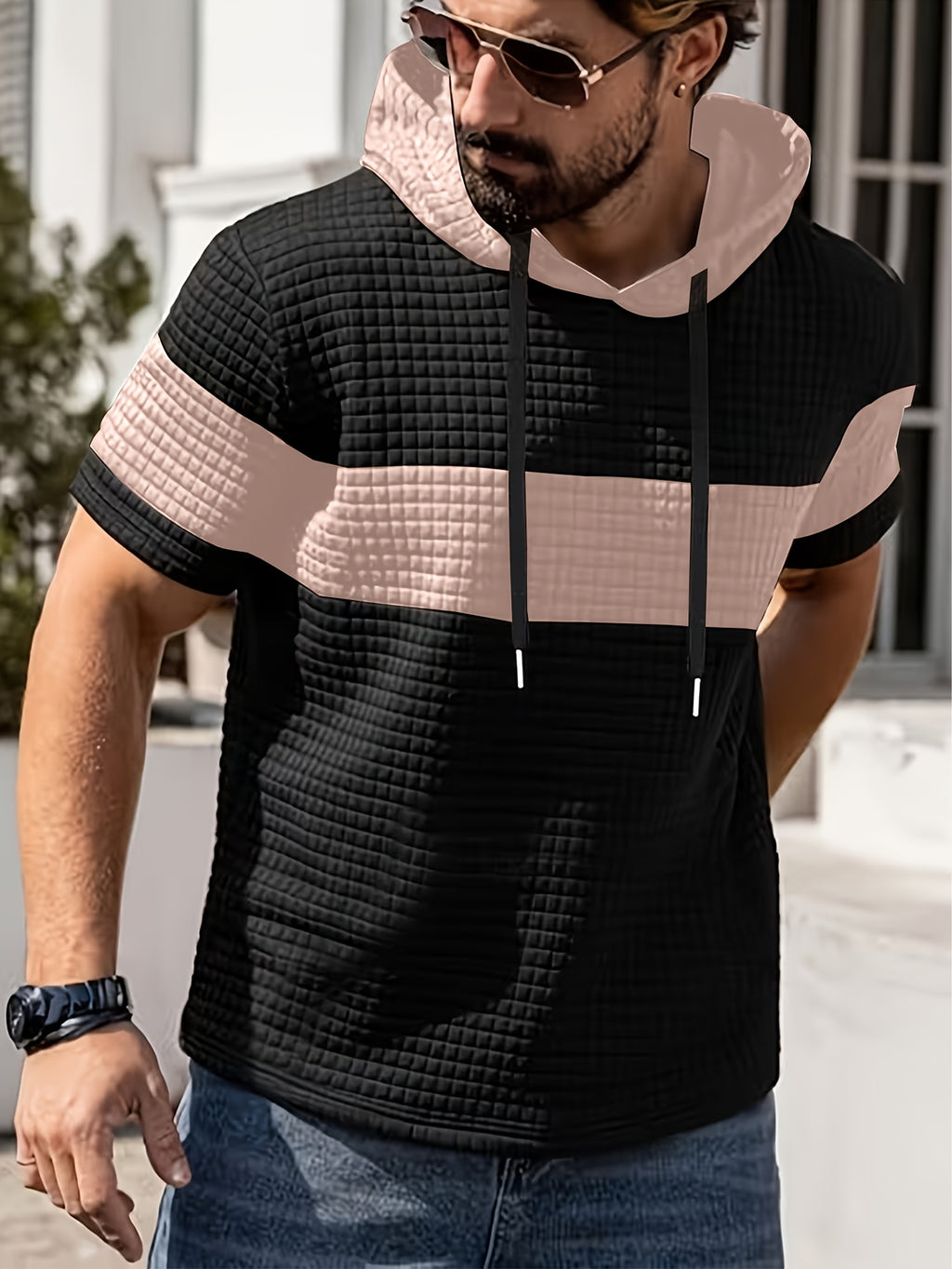 Men'S Summer Essential Hooded Short Sleeve T-Shirt, Casual Loose Fit, Breathable And Wrinkle-Resistant Fabric, Durable And Non-Deformable, Drawstring Hood Design, Arched Hem for Body Shaping, Statement Color Block for Trendy Appeal - pink