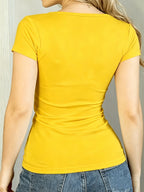 Artistic Smiling Face Pattern, Women'S Hot Outfit with Sexy Design And Buttons, Non-V-Neck Women'S T-Shirt, Suitable for All Four Seasons, Revealing Y20K/Casual/Sports/Commuting/Fashionable/Elegant, Comfortable And Breathable Gift - Lemon Yellow