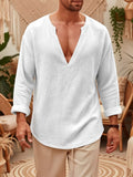 Men'S V-Neck Linen Long Sleeve T-Shirt, Loose Casual Pullover Top, Vacation Style Breathable Solid Color Beach Top - White