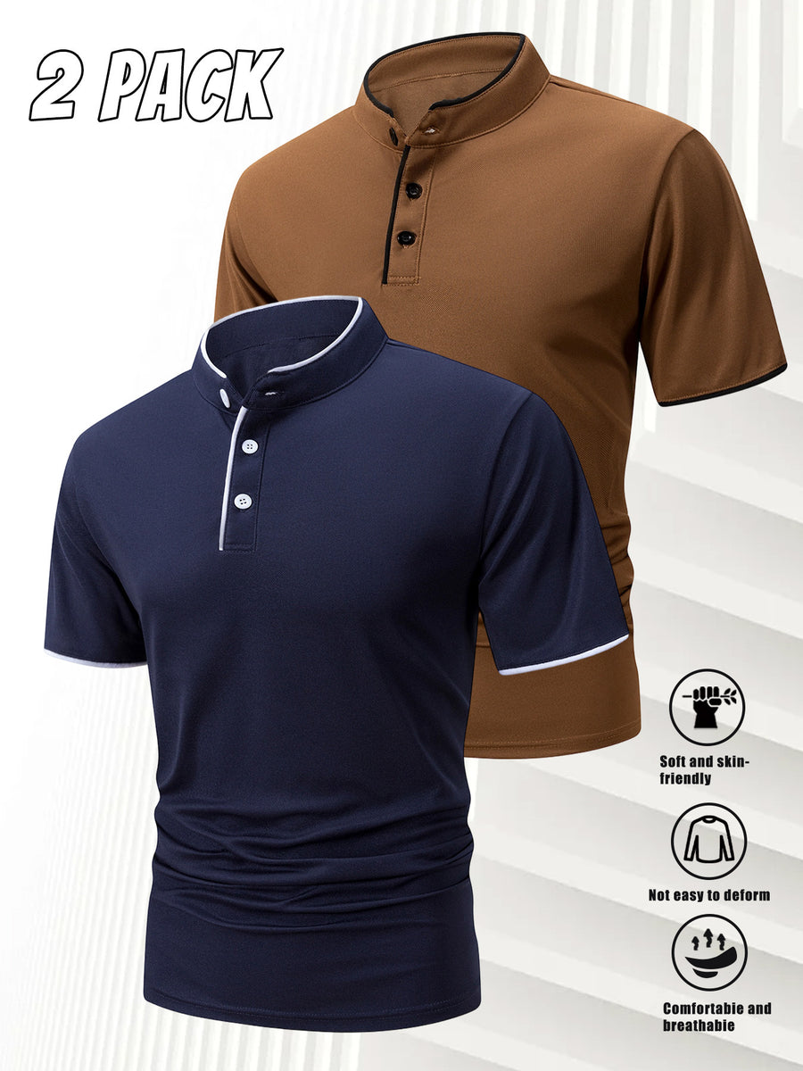 2-Pc Men'S Summer Short-Sleeve Polo Shirts, Multi-Pc T-Shirts Knit Breathable Quick-Dry, Solid Color Regular Fit Anti-Pilling, Polo Collar with Buttons, Outdoor Sports Golf - Navy Blue+Brown