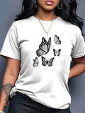 Spring And Summer Trendy Butterfly Print Women'S Casual Fashion Round Neck Short Sleeve T-Shirt, a Stylish Top for - White