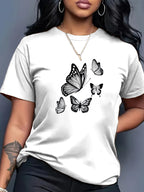 Spring And Summer Trendy Butterfly Print Women'S Casual Fashion Round Neck Short Sleeve T-Shirt, a Stylish Top for - White