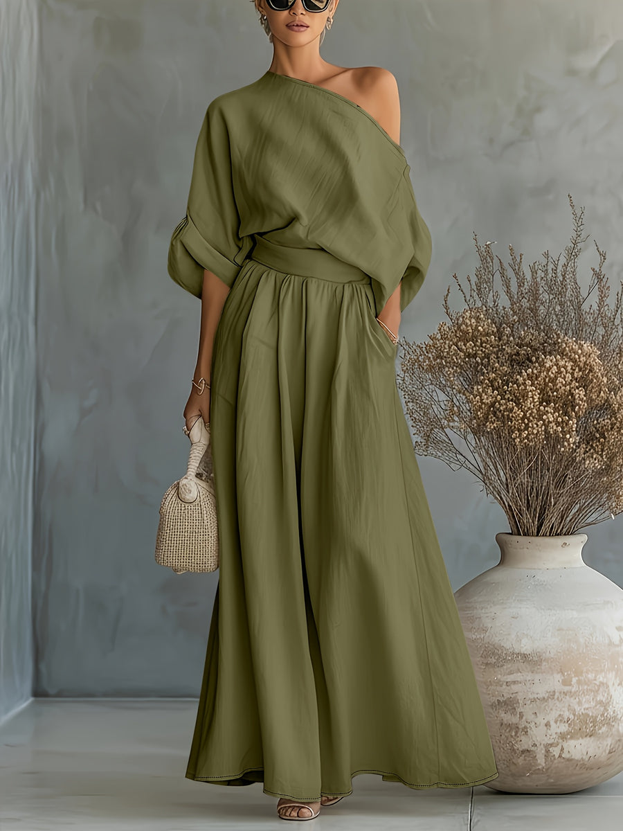 Women'S Fashion Elegant Women'S Easy Casual Short Loose Off-Shoulder Puff Sleeve Niche Top Oversized A-Line Half-Skirt Set - Olive Green