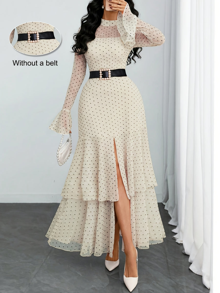 Women'S Romantic Sexy Elegant Modern Polka Dot Printed Stand Collar, Waist Double Slit Multi-Layered Skirt Dress, Suitable for Dates, Vacations, And Casual Wear, Belt Not Included - Beige