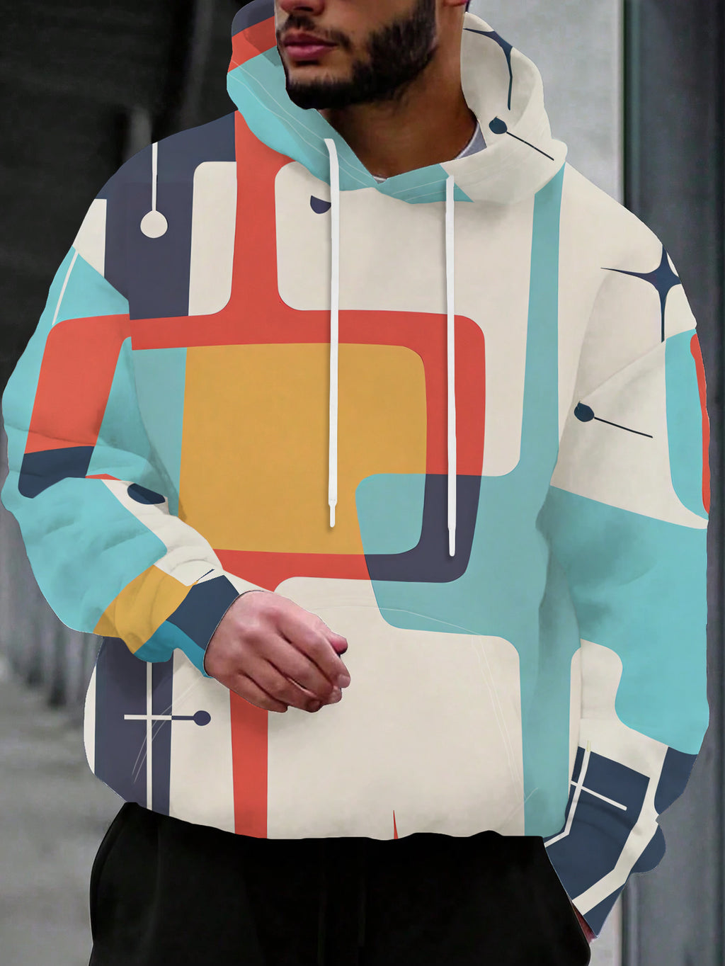 Men's  Streetwear Brand Hooded Sweatshirt with Colorful Geometric Intersecting Patterns in a Modern Abstract Style - Full of Streetwear Brand Flair, Rich in Pattern Elements and Artistic Sensibility, Effortlessly Creating a  Outfit. The Drawstring - Multicolor
