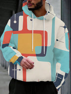 Men's  Streetwear Brand Hooded Sweatshirt with Colorful Geometric Intersecting Patterns in a Modern Abstract Style - Full of Streetwear Brand Flair, Rich in Pattern Elements and Artistic Sensibility, Effortlessly Creating a  Outfit. The Drawstring - Multicolor