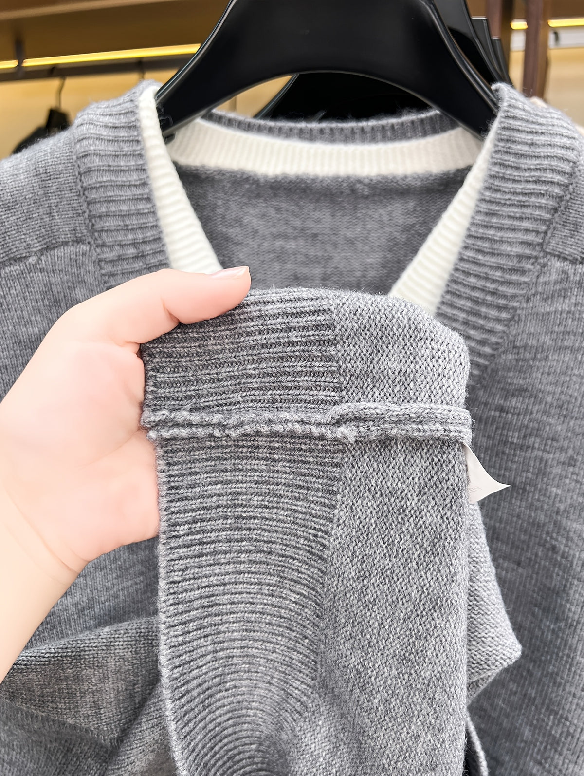 Autumn Winter New Faux Two-Piece Knit Sweater Retro Color-Block V-Neck Sweater Loose Double-Button Long Sleeve Pullover Business Casual All-Match Warm Base Layer Top Men'S Clothing - 【Light Grey】