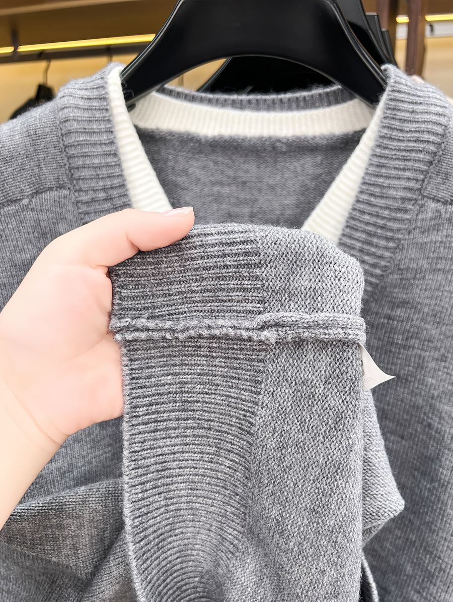 Autumn Winter New Faux Two-Piece Knit Sweater Retro Color-Block V-Neck Sweater Loose Double-Button Long Sleeve Pullover Business Casual All-Match Warm Base Layer Top Men'S Clothing - 【Light Grey】