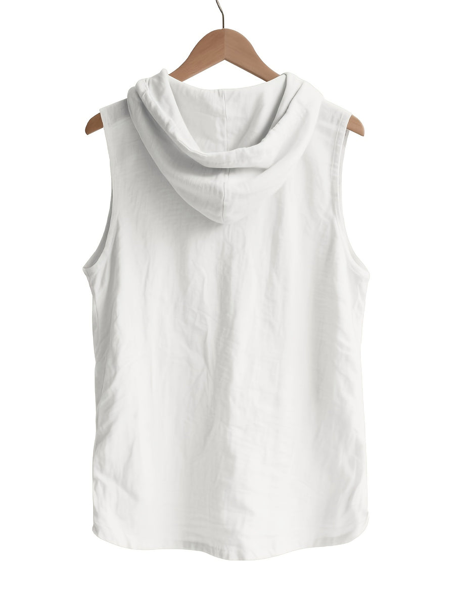 Pearson OBM Men's Sleeveless Hooded Shirt, Upgraded Textured Comfortable and Breathable Fabric Hooded Vest, Men's Linen Fashion Hoodie, Summer Top Casual and Lightweight with Button and Drawstring, Suitable for Outdoor Activities, Beach, and Coast - White