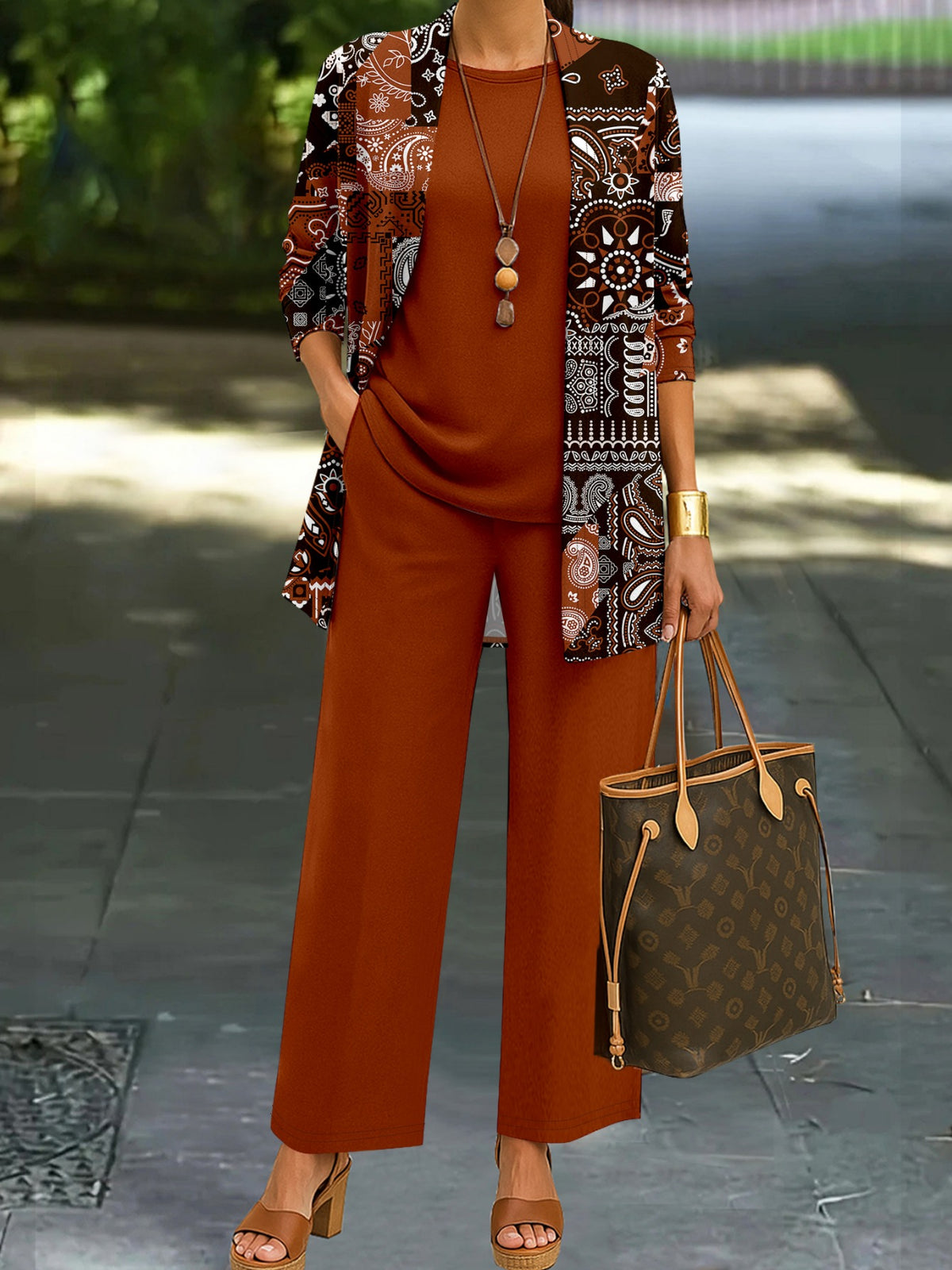 Ethnic Style Full Print Random Print Pants 3pcs Set Spring Summer Autumn Winter Versatile Fashion Full Print 3pcs Set Printed Long Sleeve Jacket Solid Color Round Neck Vest Elastic Drawstring Waistband Solid Color Trousers Women'S Casual Suit - Mixed colors