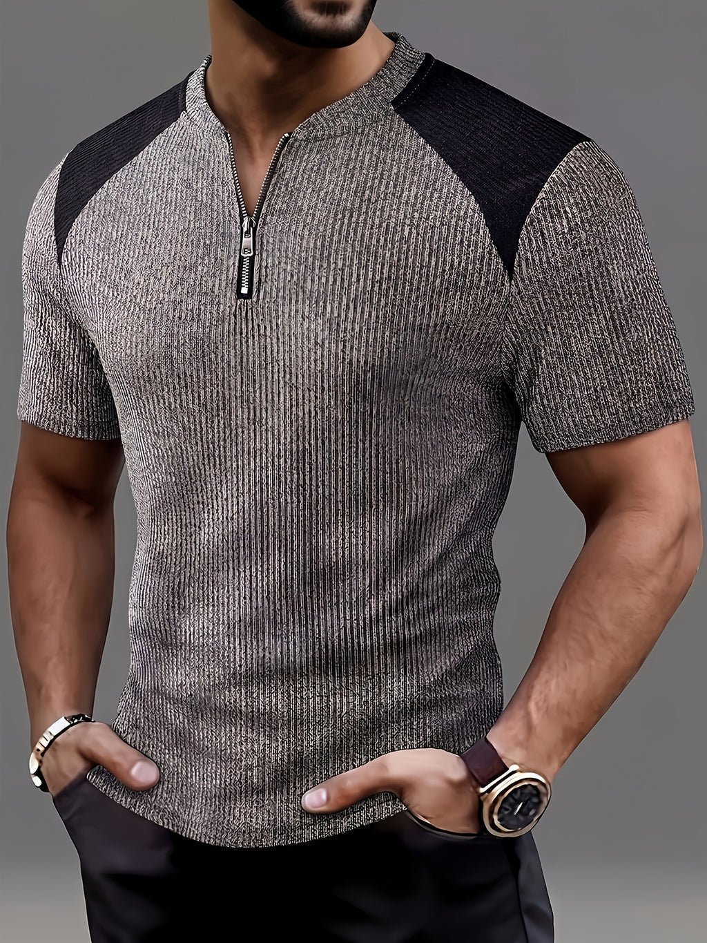 Men'S Fashion Men'S Top, Spring Summer Outdoor Casual Textured Ribbed Fabric Contrast Round Neck Zipper Patchwork Short Sleeve Men'S Henley Shirt - Dark Gray