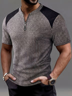 Men'S Fashion Men'S Top, Spring Summer Outdoor Casual Textured Ribbed Fabric Contrast Round Neck Zipper Patchwork Short Sleeve Men'S Henley Shirt - Dark Gray