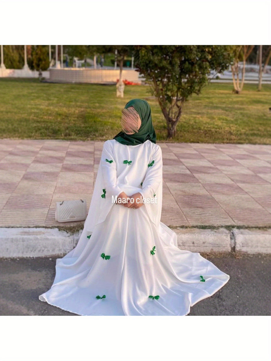 Middle Eastern Arab Women'S New Dubai Loose Trumpet Sleeve Bow Long Robe Dress - Green