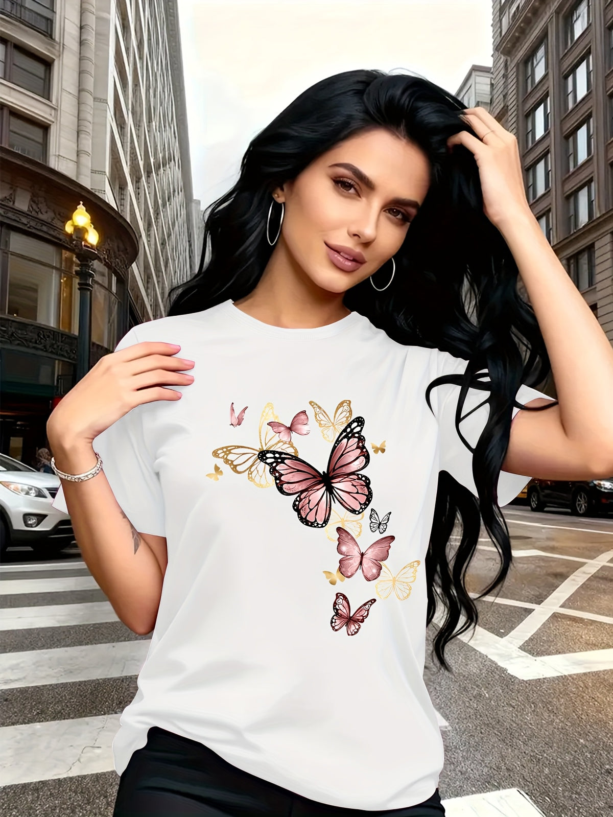 Watercolor Style Butterfly Pattern Print, Fashion Breathable T-Shirt, Family Travel, Campus, Casual, Daily Commute, Sisters' Matching Outfit, Versatile T-Shirt - White