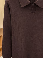 Autumn Winter Men'S V-Neck Small Revers Sweater Heavyweight Knit Fabric Dark Green Brown Black Three-Color Business Casual Pullover - Coffee