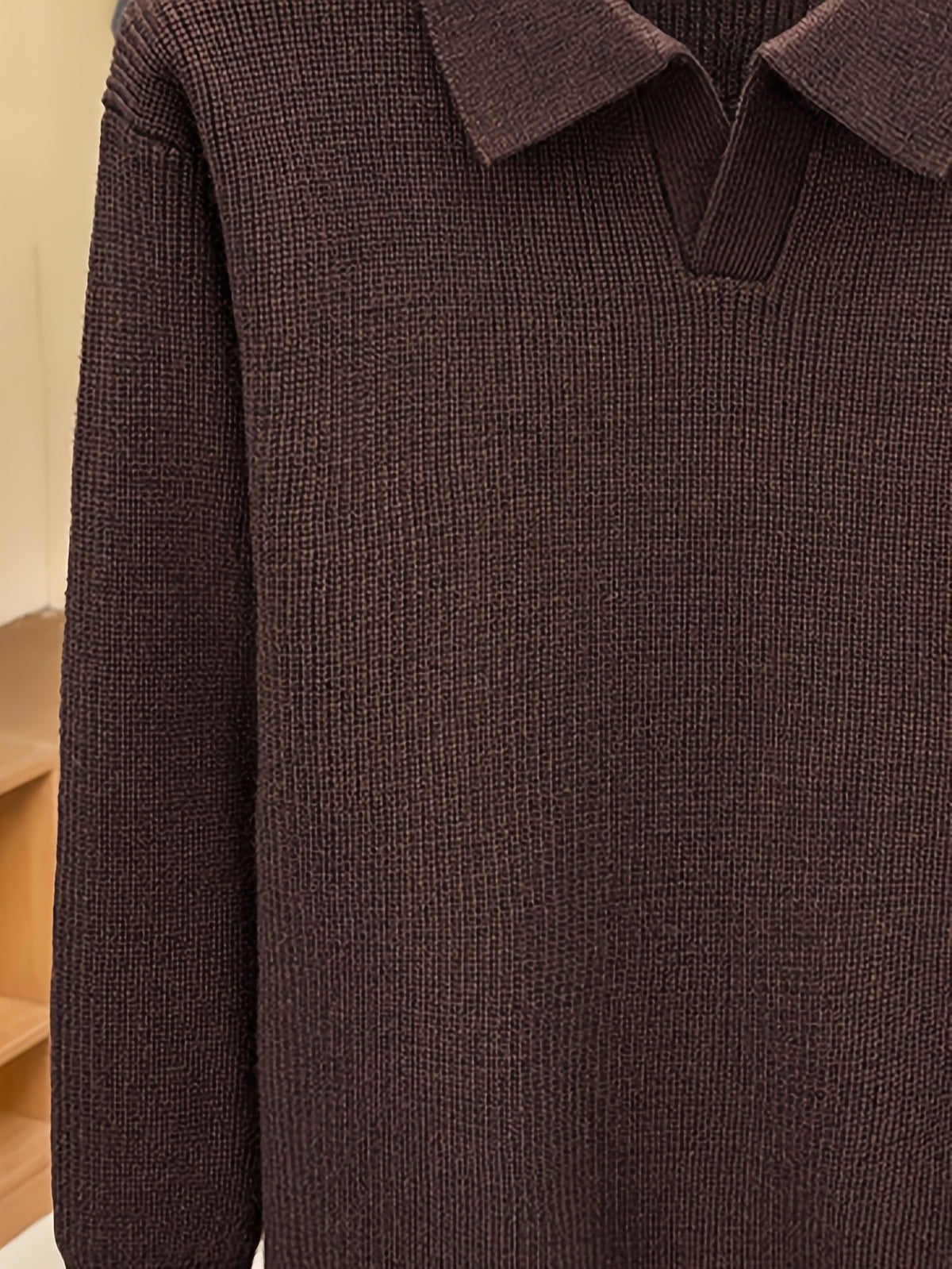 Autumn Winter Men'S V-Neck Small Revers Sweater Heavyweight Knit Fabric Dark Green Brown Black Three-Color Business Casual Pullover - Coffee
