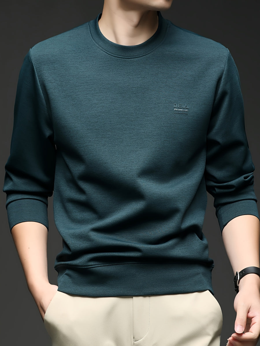[Saa Xing OBM] 1pc Spring/Autumn New Men'S Sweatshirt, Solid Color Round Neck Long Sleeve Men'S Business Casual Fashion Breathable All-Match Pullover Base Layer Top, Suitable for Spring And Autumn, Single Wear Or Inner Layer, Fits Daily And Casual - Blackish Green