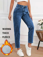 Women's -Lined Stretch Mid-Waist Classic Dark Blue Jeans - Deep Blue
