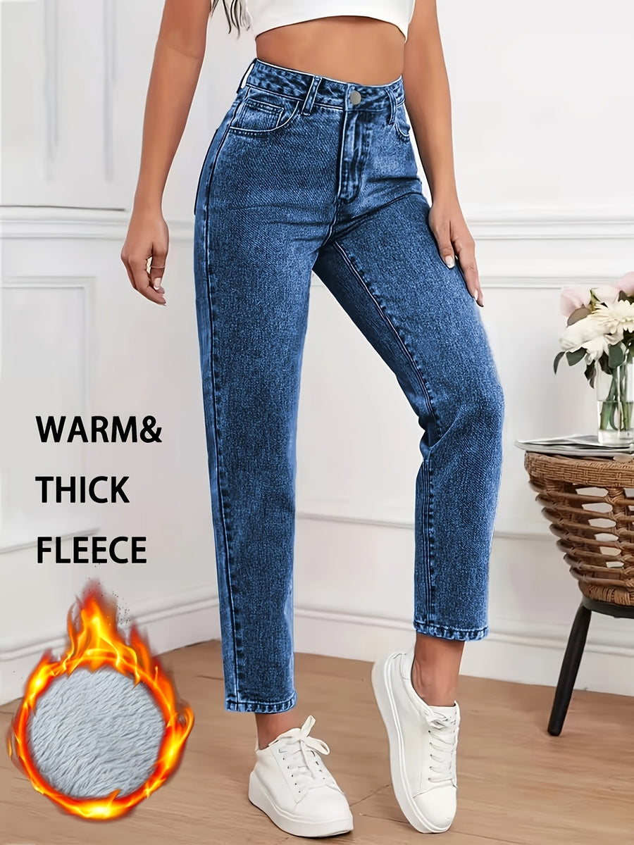 Women's -Lined Stretch Mid-Waist Classic Dark Blue Jeans - Deep Blue