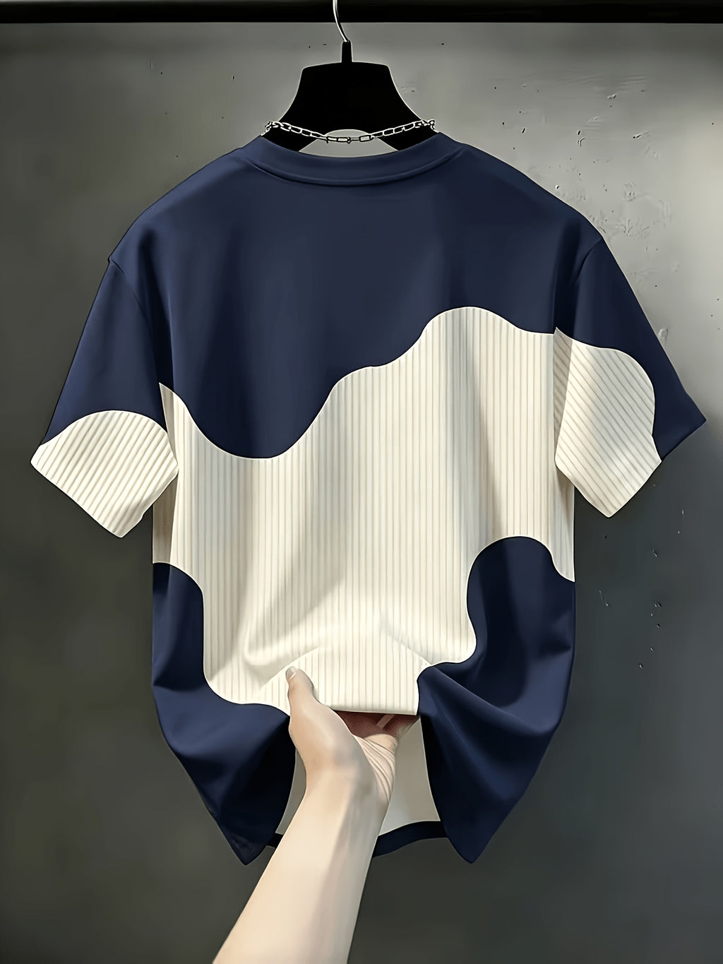 Men'S Casual Round Neck T-Shirt, Geometric Pattern Patchwork Striped Design, Chicago Word Pattern, Drapey Fashion Top, All-Season Wear, Breathable Regular Fit for Casual And Formal Outfits - Round Neck Casual Top - Royal Blue