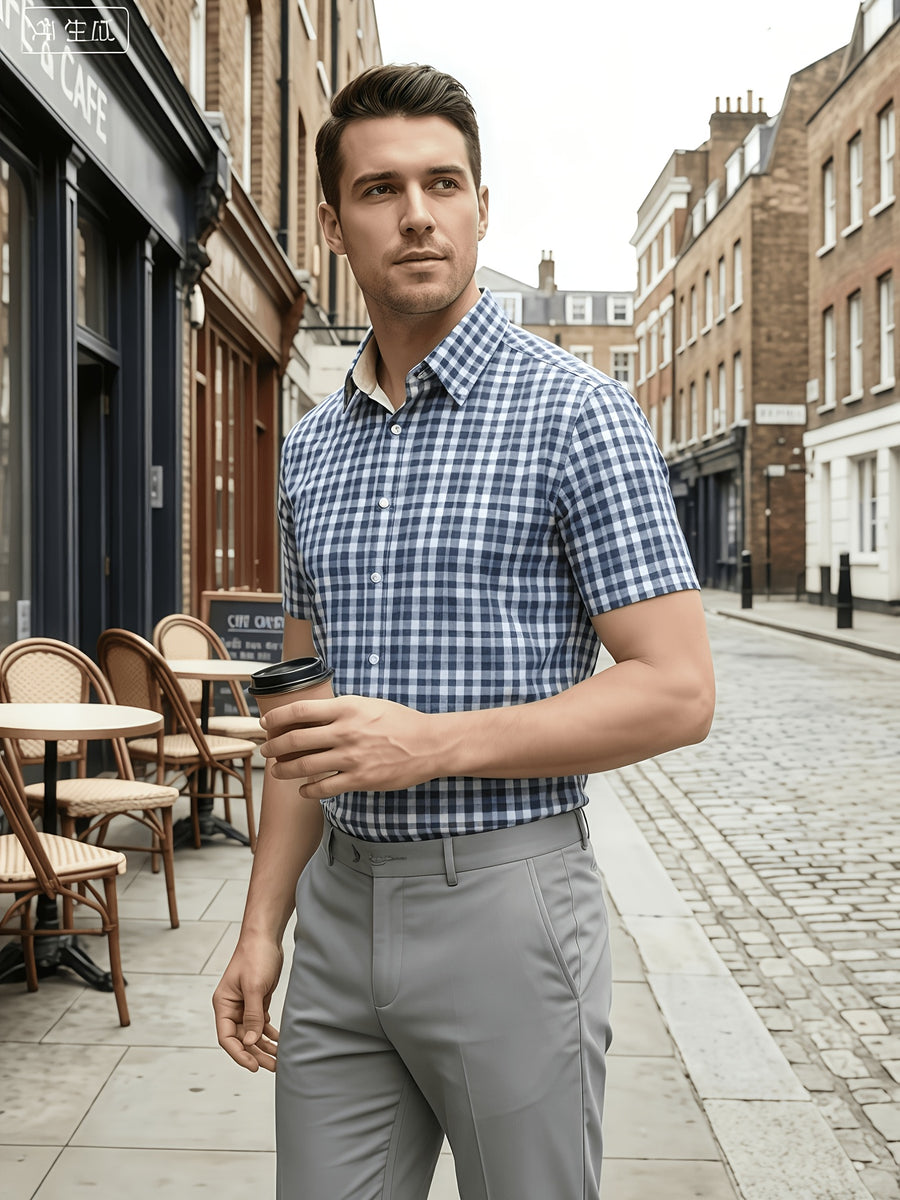 Multi-Color Plaid Men'S Short Sleeve Shirt 4pcs Set, Christmas Gift, Holiday Wear, Office, Date Night, Easy Fit with Festive Style, Casual Wear, Full Holiday Atmosphere, Easy to Get Festive Photos, Easy Cut, Versatile for Layering And Single Wear - Dark Blue + Light Blue + Dark Blue + Light Blue